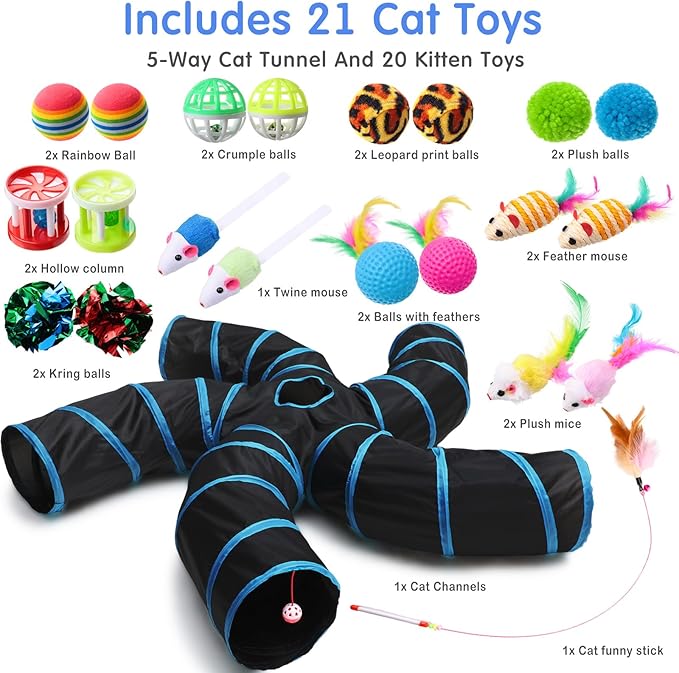 Poen 21 Pcs Cat Tunnel for Indoor Set Collapsible 5 Way Tubes with 20 Pcs Cat Kitten Toys Interactive Feather Toy Mouse Crinkle Balls Tube for Puppy Kitten Rabbit(Blue Black)-Mewly Pet