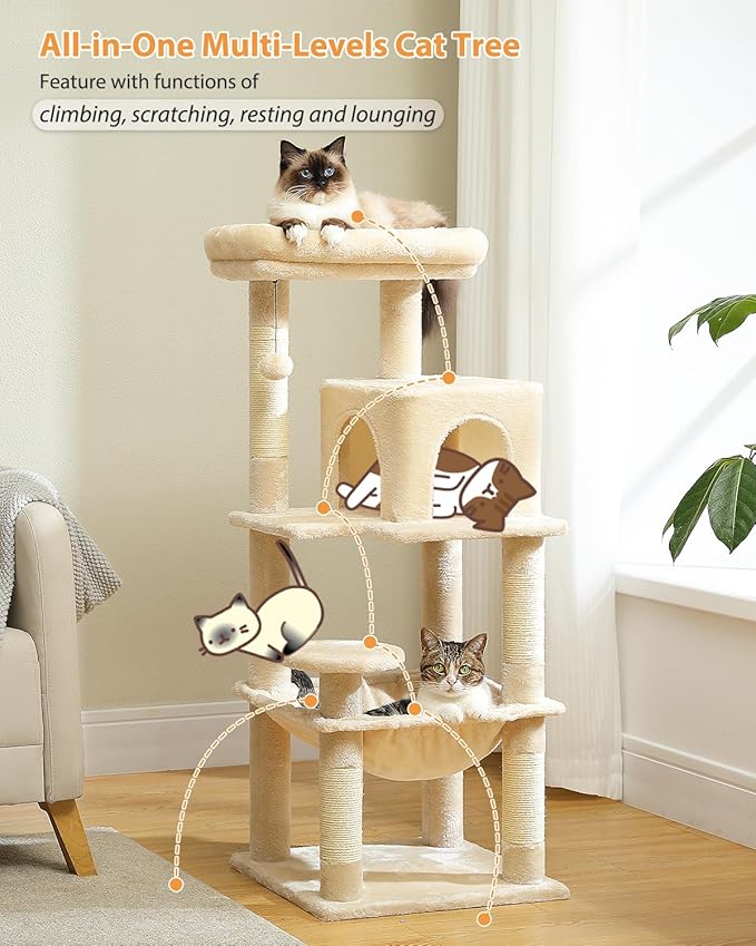 PETEPELA 45.7" Cat Tree for Indoor Cats, 5-Level Cat Tower for Large Cats with Metal Frame Large Hammock (17.3"x15.3"), Cat Condo with (18.5"x13") Big Top Perch & 4 Sisal Covered Scratching Post Beige-Mewly Pet