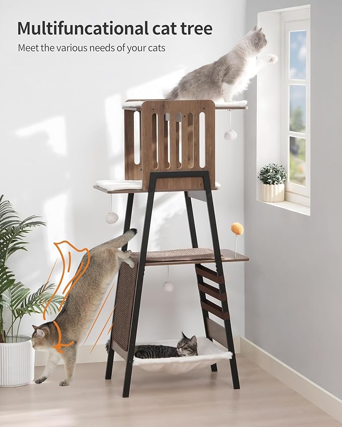 FourFurPets Modern Cat Tree, 58-Inch Cat Tower for Large Cats, Maine Coon Cat Tree with Scratching Board, Large Perch, Hammock and Removable Pads, Greige-Mewly Pet