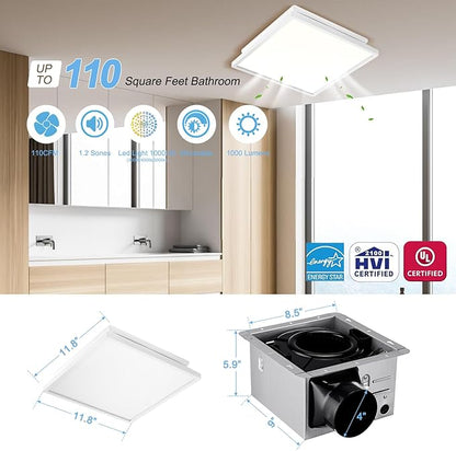 Tech Drive Bathroom Exhaust Fan with Light, 110 CFM, Super Quiet Bathroom Fan with Light and night light,1000lm Dimmable 5CCT LED Light Selectable,Energy Star Ventilation Fan,White