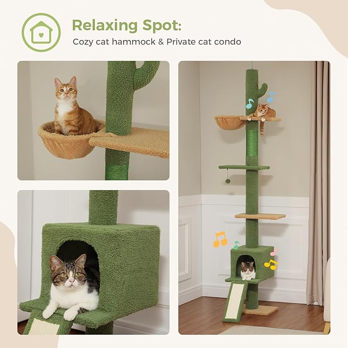 PEQULTI Floor to Ceiling Cat Tree, Tall Cat Tower, Adjustable Height (83''-108'') 5 Levels Climbing Tree for Indoor Cats with Cat Condo, Cozy Hammock and Scratching Post, Green-Mewly Pet