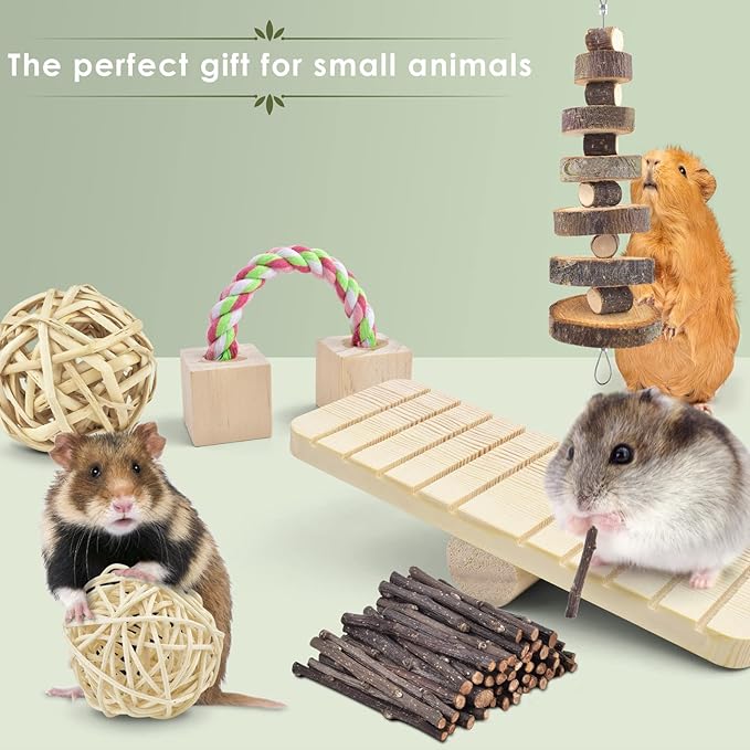 ERKOON New 12 Pack Hamster Chew Toys Gerbil Rat Guinea Pig Chinchilla Chew Toys Accessories, Natural Wooden Dumbbells Exercise Bell Roller Teeth Care Molar Toy for Rabbits Bird Rabbits Hamster Gerbil-Mewly Pet