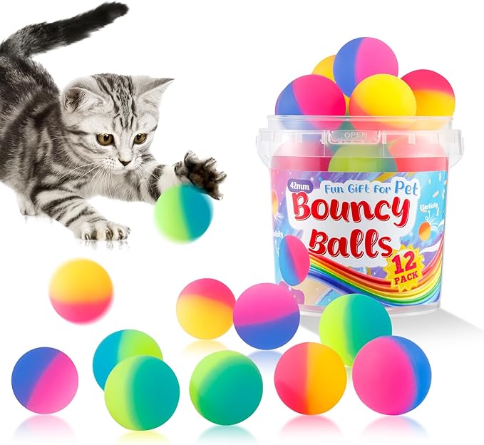 Cat Toy Bouncy Balls, 12 Pack 1.65 Inch High Elasticity Bouncing Balls for Cats, Colorful Interactive Pet Toy Gift for Puppy Kitty Indoor Play and Exercise-Mewly Pet