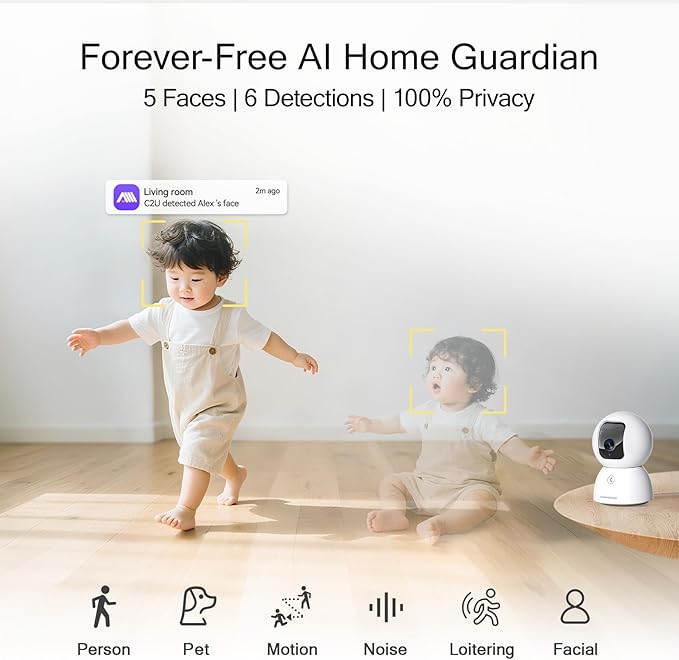 3K Pet/Dog/Cat Camera with Phone App, No-Subscription Local Person/Pet/Face Detection, 5G Security Camera Indoor, PTZ WiFi Cameras for Home Security, 0-Glow Night Vision, Full Duplex Audio-Mewly Pet