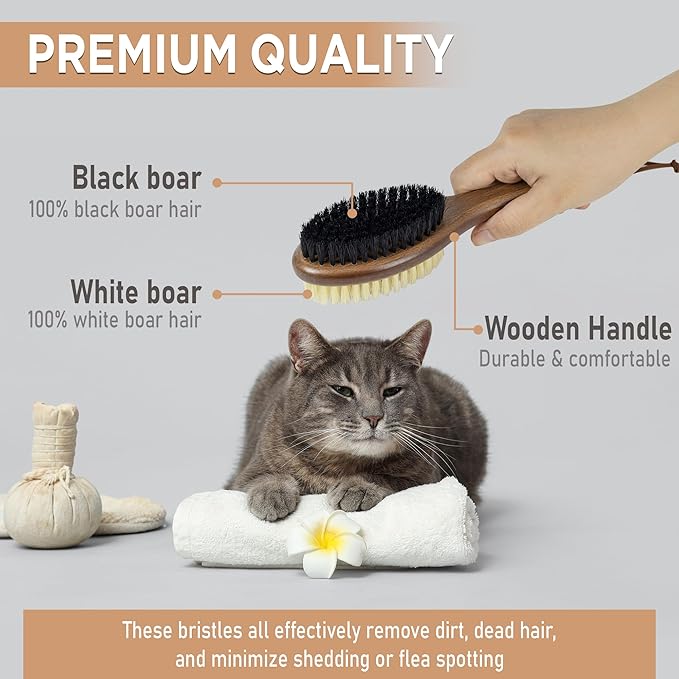 Takavu Double-Sided Boar Bristle Cat Brush - Natural Grooming Tool for Gentle Cleaning, Shine & Reduced Loose Hair - Wood Handle Pet Brush-Mewly Pet