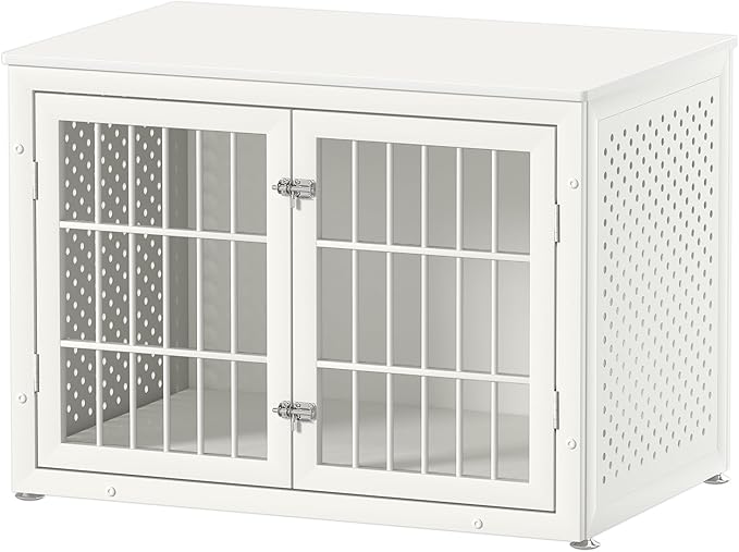 38" Heavy Duty Dog Crate Furniture for Large and Medium Dogs,Wooden Metal Kennel for High Anxiety Dogs, Chew Proof Pet Cage Indoor, Decorative Dog Kennel End Table, White-Mewly Pet