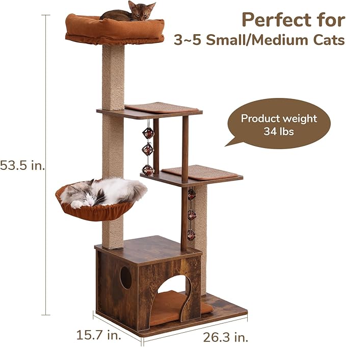 FUKUMARU Cat Tree, 4 in 1 Large Modern Cats Tower with Jute Scratching Post and Hammock, Wood Cat Condo with silvervine Balls, Brown Cat Climber Stand Playhouse for Indoor Cats, Retro Style-Mewly Pet