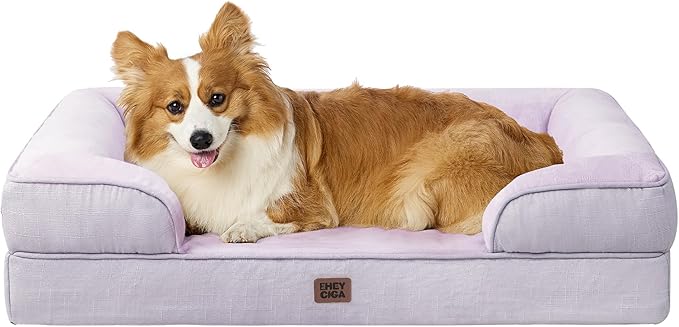 EHEYCIGA Orthopedic Dog Beds for Large Dogs, Waterproof Memory Foam Large Pet Bed with Sides, Non-Slip Bottom and Egg-Crate Foam Dog Couch Bed with Washable Removable Cover, Lilac-Mewly Pet