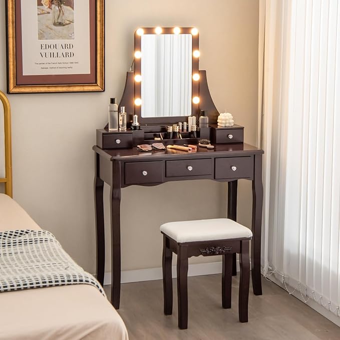 CHARMAID Vanity Desk with Mirror and Lights, Makeup Vanity Table with 5 Storage Drawers, 3 Color Lighting Modes, Adjustable Brightness, Modern Bedroom Dressing Table with Vanity Stool, Espresso
