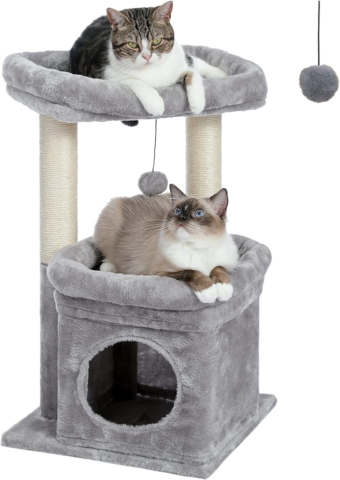PEQULTI Cat Tree Tower for Indoor Cats with Private Cozy Cat Condo, Natural Sisal Scratching Posts and Plush Pom-pom for Small Cats-Mewly Pet
