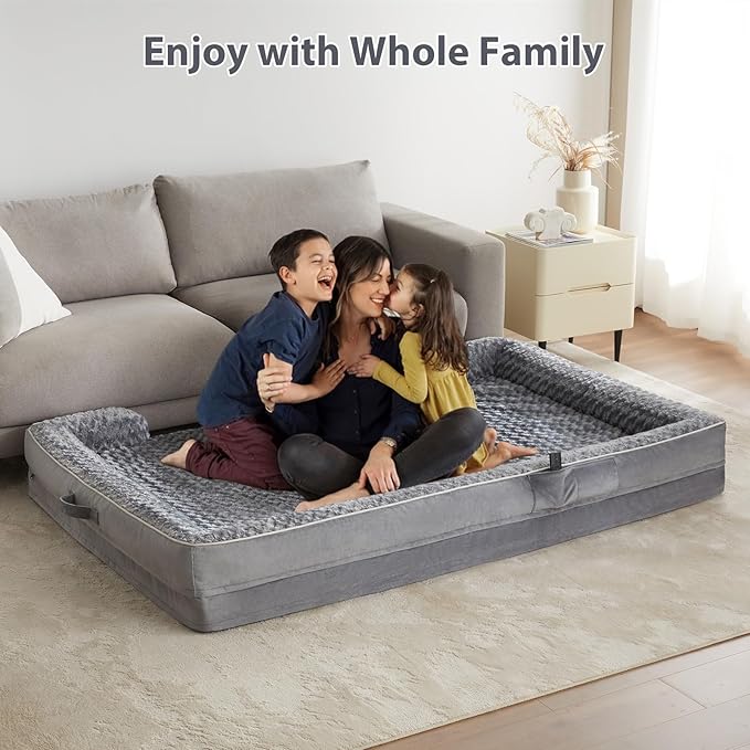 WNPETHOME Human Dog Beds for People Adults, Washable Faux Fur Nap Bed Adult Oval for People, Calming Human Size Giant Dog Bed Fits Pet Families with Storage Pocket Grey-Mewly Pet