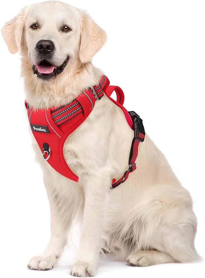 Funfox Dog Harness No Pull, Adjustable Pet Vest Harness, Super Soft Material with Vertical Handle Easy Control, Reflective Night Walking, 2 Leash Clips for Large Dogs, Red, L-Mewly Pet