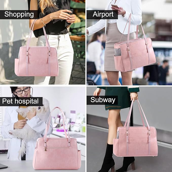 Dog Carrier Purse, Fashion Leather Pet Carrier with Pockets, Airline Approved Soft Sided Dog Carrying Bag for Puppy Cat Dog Pink-Mewly Pet
