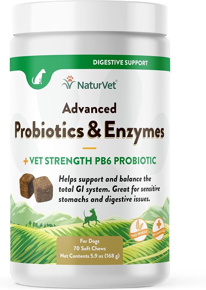 NaturVet Advanced Probiotics & Enzymes, PB6 Dog Soft Chews to Help Sensitive Stomachs and Digestive Issues, Hickory Smoked Bacon Flavored Pet Supplement for Dogs Over 6 Weeks, 70 Count Jar-Mewly Pet
