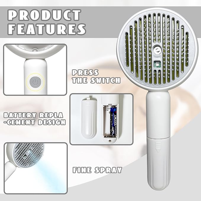 3-in-1 Steam Brush for Cats & Dogs – Hair Removal Comb with One-Click Release & Water Spray – Grooming Brush for Shedding, Long/Short Hair (white brushs-grey)-Mewly Pet