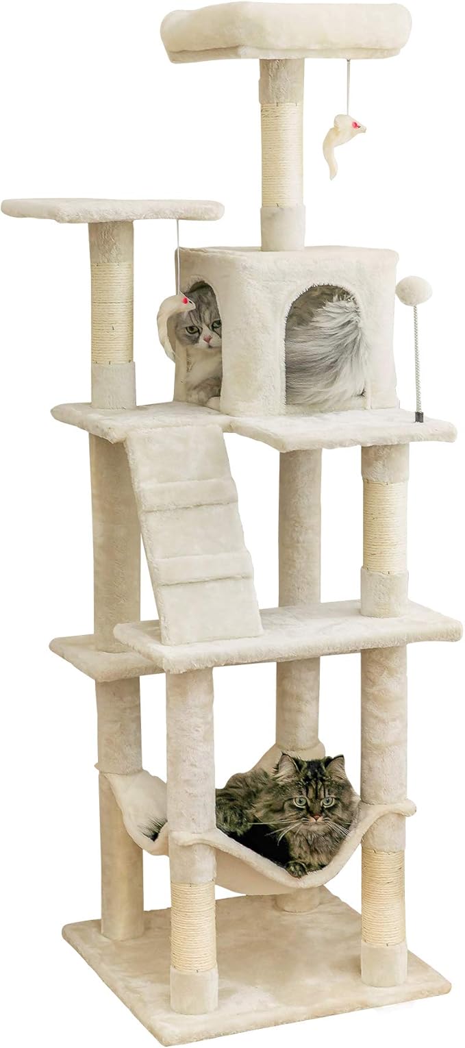 MWPO 63.8 inches Multi-Level Cat Tree for Large Cats with Sisal-Covered Scratching Posts, Padded Platform, Hammock and Condo,Stable Cat Tower Cat Condo Pet Play House-Beige-Mewly Pet