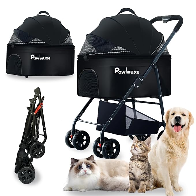 4 Wheels Pet Stroller 4 in 1 Pet Stroller with Detachable Carrier for Small & Medium Dogs Cats up to 55 lbs Easy-Folding Travel Dog Wagon with Car Seat Breathable Mesh,Black-Mewly Pet