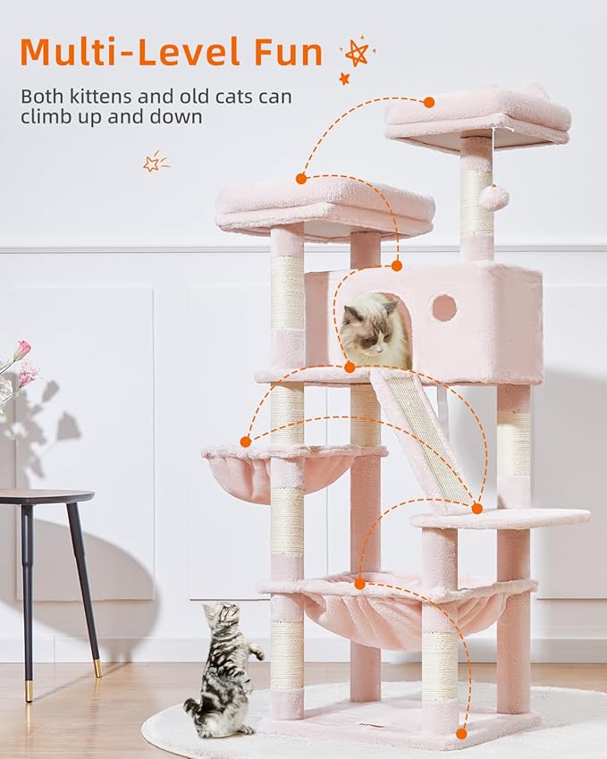 Taoqimiao Cat Tree 57.5-Inch, Cat Tower for Indoor Cats Large Adult, Extra Large Cat Condo, 8 Sisal Scratching Posts, Metal Frame Cozy Hammock, Durable Scratch Board, 2 Top Perches, Jelly Pink MS026P-Mewly Pet