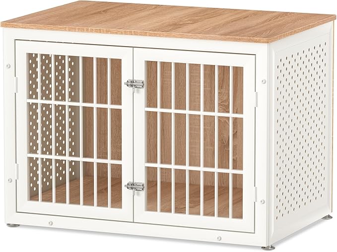 38" Heavy Duty Dog Crate Furniture for Large and Medium Dogs,Wooden Metal Kennel for High Anxiety Dogs, Chew Proof Pet Cage Indoor, Decorative Dog Kennel End Table, White-Mewly Pet