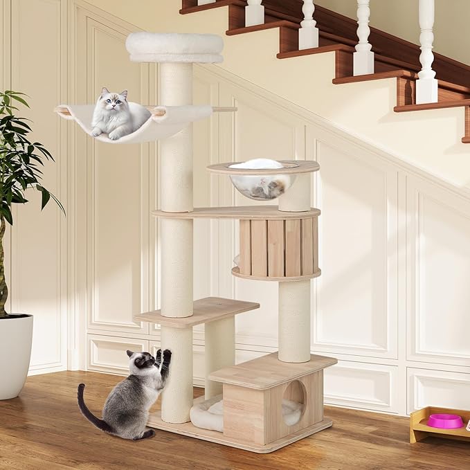 Tangkula 69” Tall Cat Tree, Multi-Layer Wood Cat Tower with Scratching Posts, Perch, Condo, Space Capsule, Hammock, Washable Cushions, Modern Cat Tree Tower for Indoor Cats Large Adult-Mewly Pet