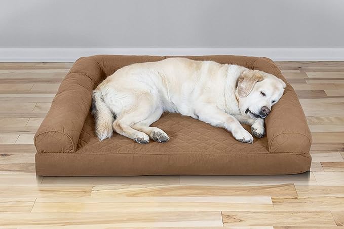 Furhaven Cooling Gel Dog Bed for Large Dogs w/ Removable Bolsters & Washable Cover, For Dogs Up to 95 lbs - Quilted Sofa - Toasted Brown, Jumbo/XL-Mewly Pet
