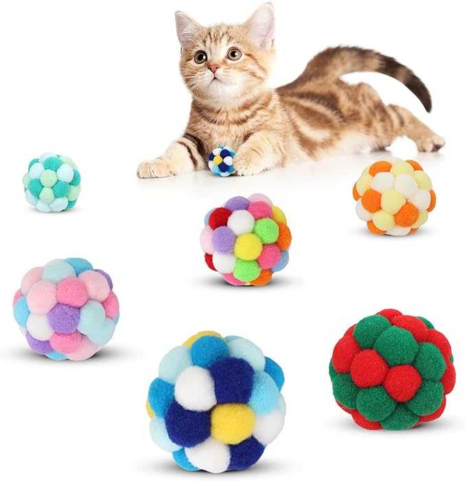 TUSATIY Interactive Cat Ball Toy, 6PCS Fuzzy Kitty Balls with Bells,Cats Pom Pom Balls for Kittens to Keep Busy,Colorful Cat Chew Toys for Indoor Cats-Mewly Pet