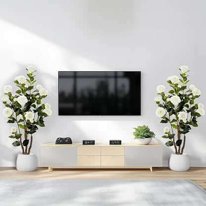 Artificial Camellia Tree 2 Pack, Artificial Plants Outdoor Faux Floral Plant in Cement Pot Fake White Silk Camellia Tree Plants for Home House Living Room Office Decor (White)