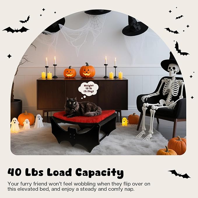 Halloween Gothic Cat Bed with Bat Design, Wooden Elevated Cat Beds with Sisal Scratching Mat, Cats Scratcher Bed with Removable Fluffy Cushion, Raised Pet Bed for Large Cats, 22" L x 17.7" W, Black-Mewly Pet