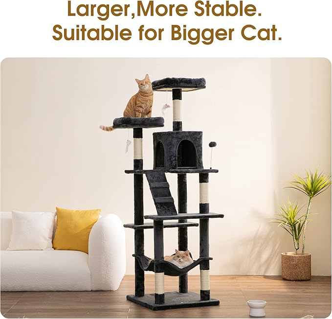 MWPO 70.1-Inch Large Cat Tree, Multi-Level Tall Cat Tower for Indoor Cats, Plush Cat Condo with Big Padded Perches, Sisal-Covered Scratching Posts, Hammock, Toys for Kittens & Cats - Smoky Grey-Mewly Pet