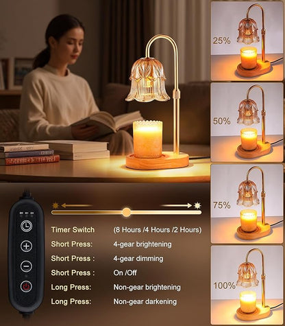 Candle Warmer Lamp Adjustable Timer - Electric Flower Glass Candles Warmers Adjustable Height Dimmable Vintage Base Modern Wax Candles Top Warmers for Small Jar Scented Wax Melts