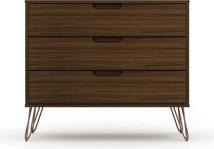 Manhattan Comfort Rockefeller 3 Drawer Dresser for Bedroom Storage, Nursery, Closet, Living Room, Entryway, TV Stand for Screens up to 32 Inches, Anti-Tip Kit Included, Set of 2, Brown