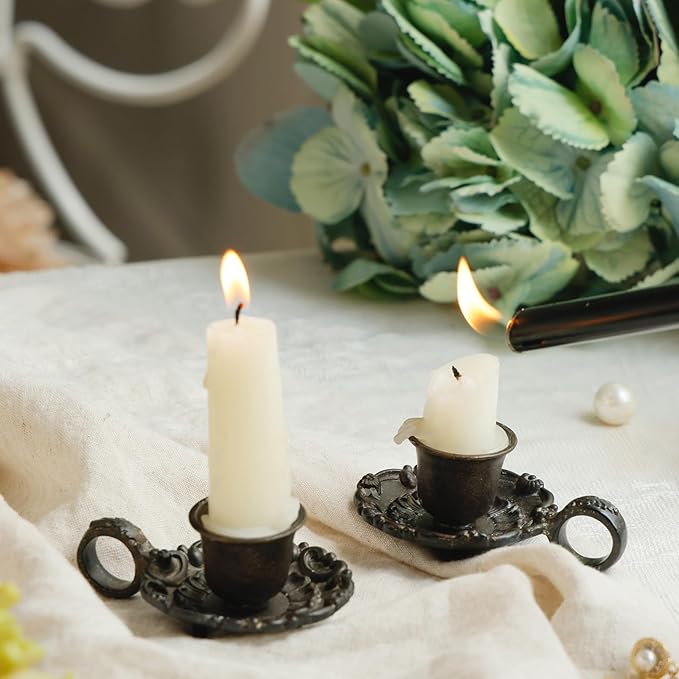 NIKKY HOME Taper Candle Holders with Handle, Set of 2 Rustic Metal Candlestick for Table Centerpieces, Wedding Decor and Dinner Party, Brown