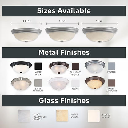 DESIGNERS FOUNTAIN Reedley 2-Lights Flush Mount Ceiling Light, 11 Inch Lighting Fixture for Kitchen, Bedroom, Bathroom, and Hallway, White Alabaster Glass, Pewter, 1257S-PW-AL