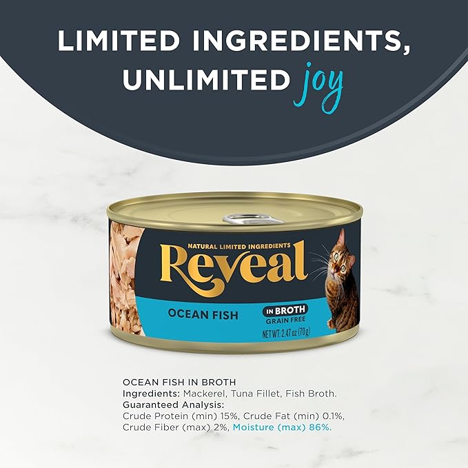 Reveal Natural Wet Cat Food, 24 Count, Grain Free, Limited Ingredient Canned Food for Cats, Ocean Fish in Broth, 2.47 oz Cans-Mewly Pet