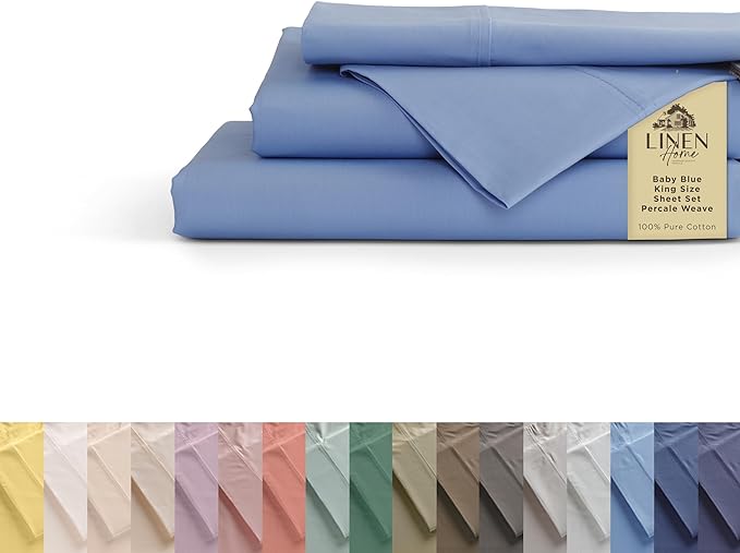 Linen Home 100% Cotton Percale Sheets King Size, Baby Blue, Deep Pocket, 4 Pieces Set - 1 Flat, 1 Deep Pocket Fitted Sheet and 2 Pillowcases, Crisp Cool and Strong Bed Linen