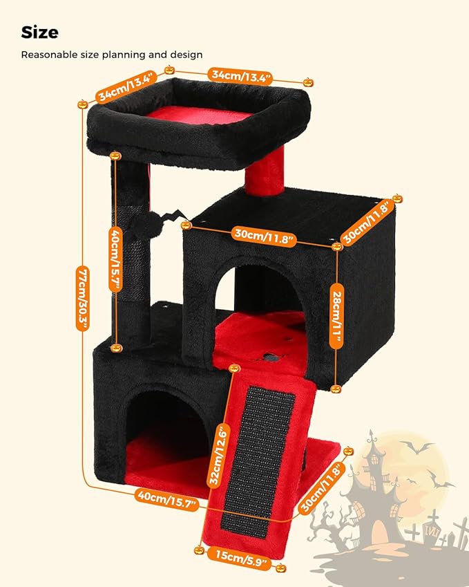 PAWZ Road Gothic Cat Tree, 30 Inches Black Cat Tower with Dual Condos for Indoor Cats, Spooky Cat House with Padded Perch, Scratching Ramp and Posts and Bat Toys-Mewly Pet