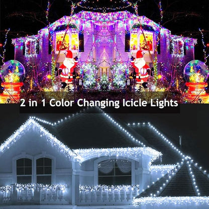 Toodour Christmas Icicle Lights Outdoor, 2 in 1 White & Multicolor Color Changing Icicle Lights with 60 Drops, 29.5ft 360 LED Christmas Light Fairy Twinkle Light for Wedding Home Outdoor Xmas Decor