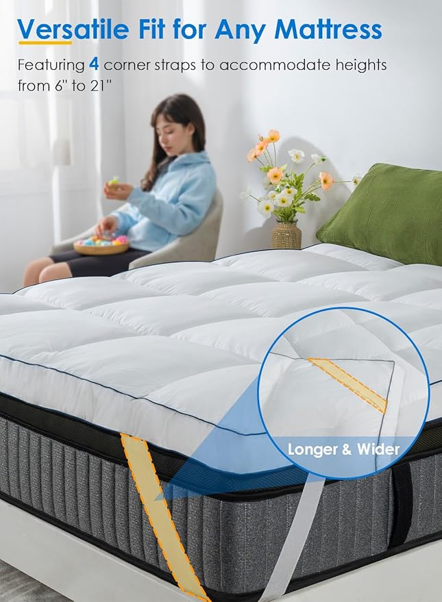 QUEEN ROSE Mattress Topper Queen, Pillow Top Extra Thick Mattress Bed Cover Topper, Soft Baffle Box Overfilled Down Alternative for Back Pain, 4 Corner Straps, White