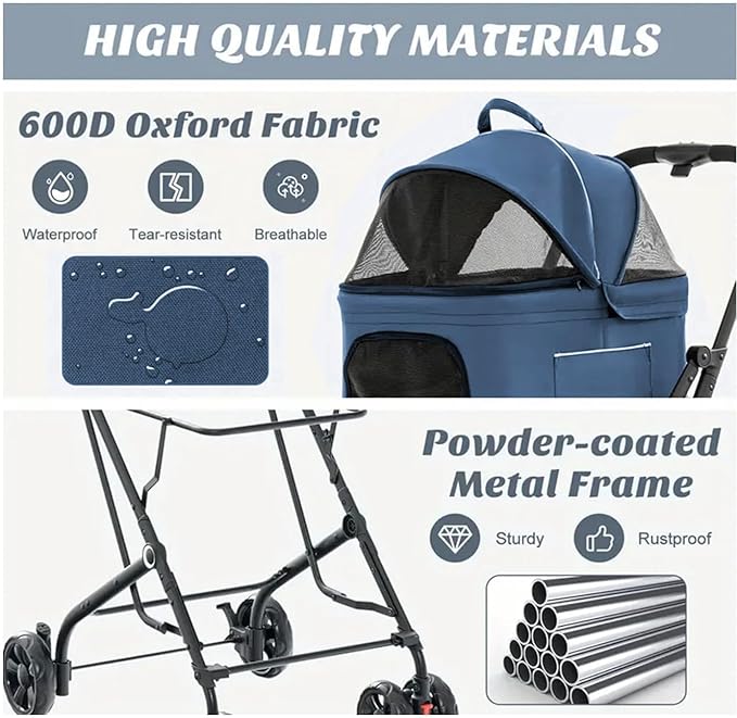 Pet Stroller with 2 Detachable Carriers, Folding Design, Large Capacity for Cats and Small Dogs, Navy, Medium-Mewly Pet