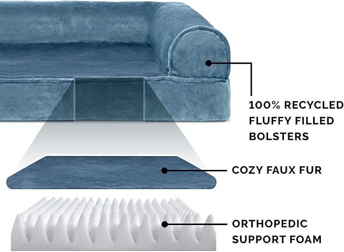 Furhaven Orthopedic Dog Bed for Large/Medium Dogs w/ Removable Bolsters & Washable Cover, For Dogs Up to 55 lbs - Faux Fur & Velvet Sofa - Harbor Blue, Large-Mewly Pet
