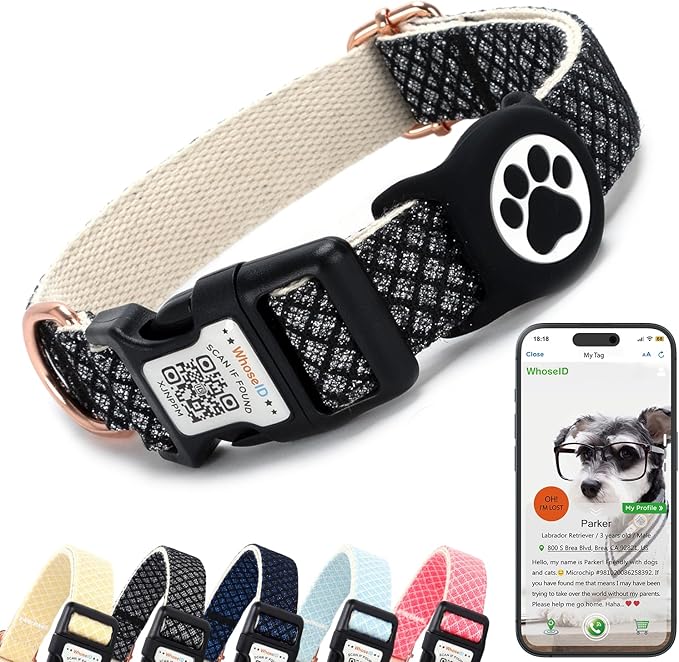 Dog Collar with Waterproof AirTag Holder & Anti-Lost QR Code, Cute Bling Warpping Adjustable Width for Small Medium Large Pet (Black, L)-Mewly Pet