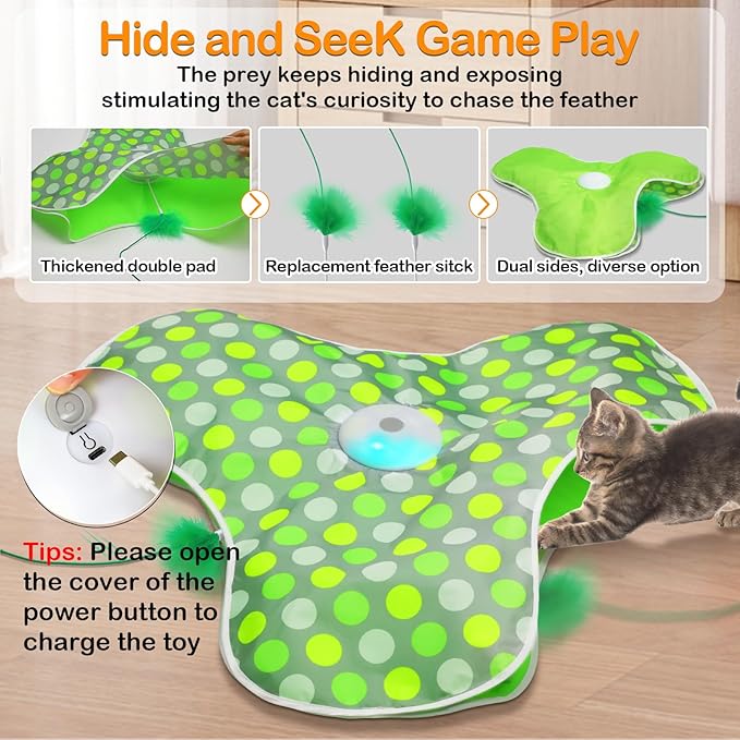 Interactive Cat Toys Rechargeable,Moving Concealed Feathers,Real Mouse Squeaky,Touch Activated Cat Kitten Toy Exercise Toys for Indoor Bored Adult Cats-Mewly Pet
