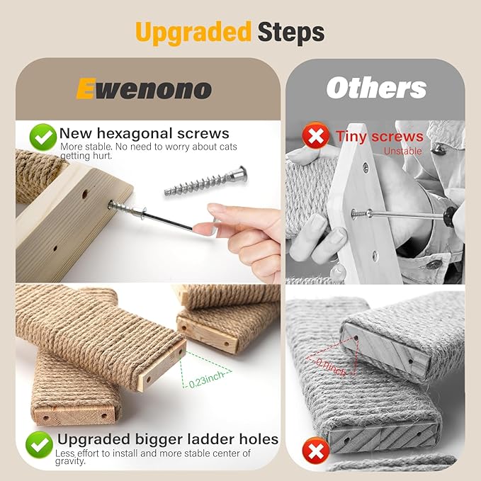 4-Step Cat Wall Shelves and Stairs With Sisal Rope - Improved & Stronger Tree Supplies, Large, Brownish White