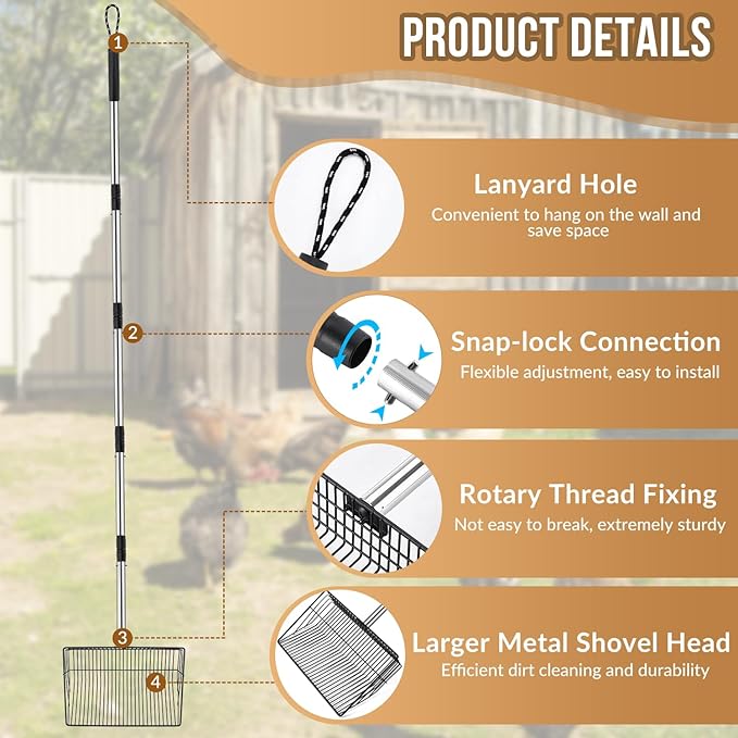 SlowTon 10-inch Large Chicken Poop Scooper - 5 in 1 Multifunctional Chicken Litter Scoop with 35 to 67in Stainless Steel Handle, Heavy Duty Chicken Coop Cleaning Tool Litter Sifting Shovel-Mewly Pet