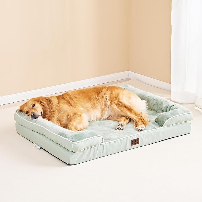 EHEYCIGA Orthopedic Dog Beds for Extra Large Dogs, Waterproof Memory Foam XL Dog Bed with Sides, Non-Slip Bottom and Egg-Crate Foam Big Pet Couch Bed with Washable Removable Cover, Sage Green-Mewly Pet