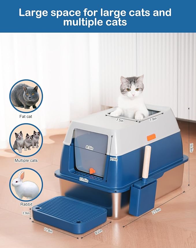 XL Stainless Steel Enclosed Litter Box with Covered for Indoor Cats, High Sides, Eliminates Odors, Easy Clean, Blue, FOXORU-Mewly Pet