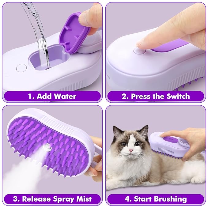 Cat Steam Brush,4 in 1 Rechargeable Pet Steam Brush for Cats and Dog,Anti-Static Cat Spray Brushes, Massage, Cleaning, Shedding and Combing for Long and Short Hair Cats and Dogs-Mewly Pet