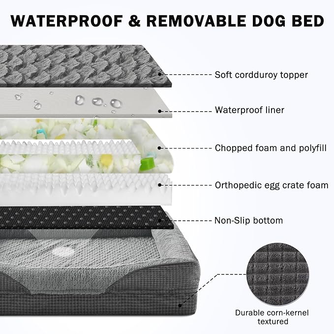INVENHO Orthopedic Dog Beds Large Sized, XL Washable Egg-Crate Memory Foam Dog Couch Bed with Washable Removable Cover, Waterproof Lining and Nonskid Bottom-Mewly Pet