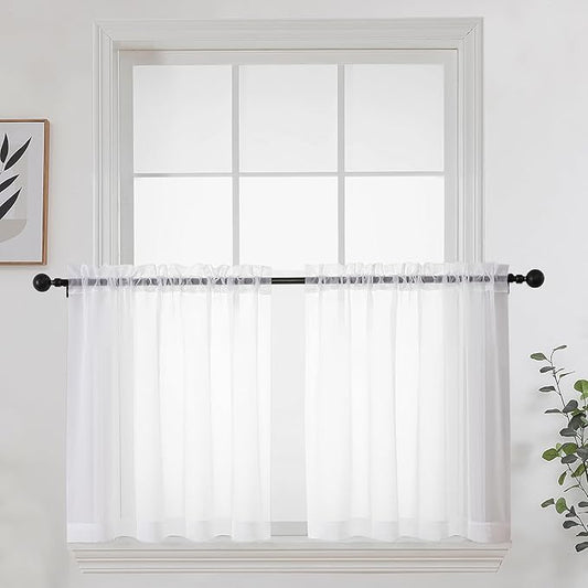 OWENIE White Short Sheer Curtains 24 Inches Long 2 Panels Set for Kitchen Window, Rod Pocket Light Filtering Sheer Tier Curtains for Small Laundry Room, RV, Camper Travel Trailers, 42 W x 24 L