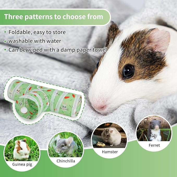 Rypet Guinea Pig Tunnel 3 Way Collapsible Small Pet Tunnels and Tubes with Interactive Ball for Baby Rabbit Ferret Hamster Chinchilla Hedgehog Hiding and Resting-Green-Mewly Pet